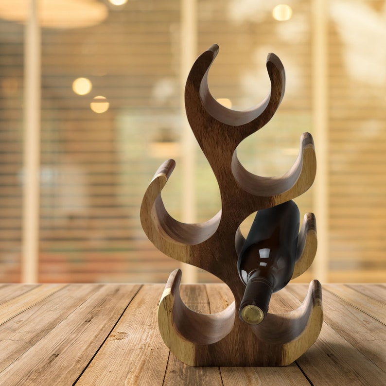 Wine Racks: wooden Wine Rack Carved Wood 6 bottle Wine Storage-Acacia Wood handcrafted
