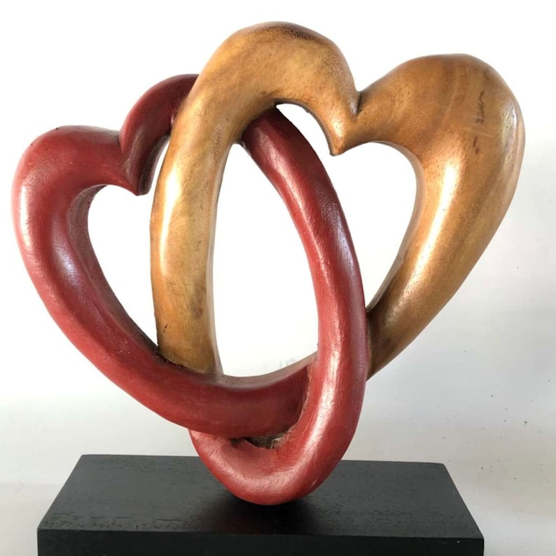 Wellness Accessories: Heart Love Wood Carving Wood Sculpture Acacia Wooden Statue Heart in red 22cm