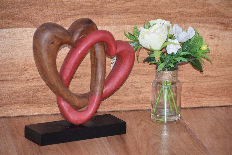 Wellness Accessories: Heart Love Wood Carving Wood Sculpture Acacia Wooden Statue Heart in red 22cm
