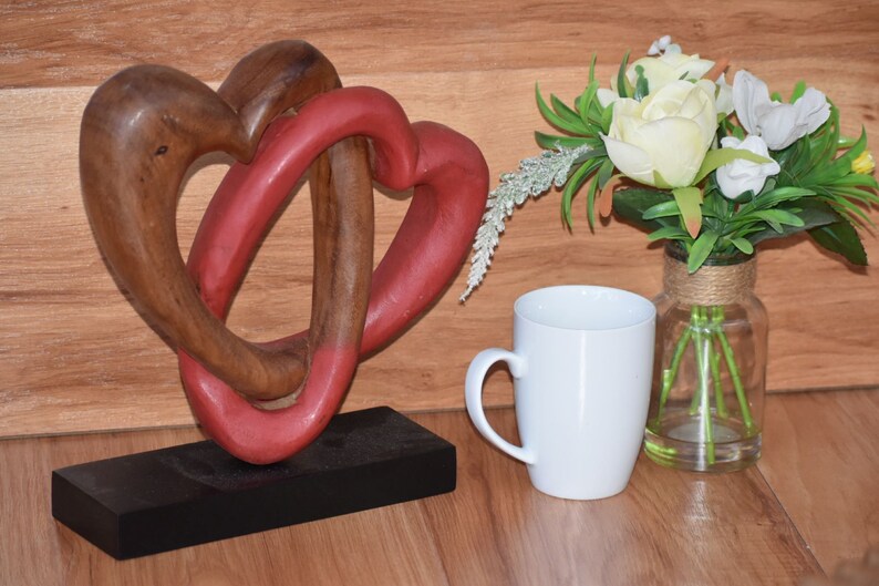 Wellness Accessories: Heart Love Wood Carving Wood Sculpture Acacia Wooden Statue Heart in red 22cm