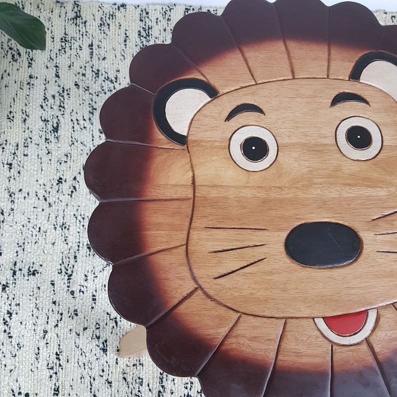 Garden Ornaments: Hand Carved Children's Table Wooden LION Theme