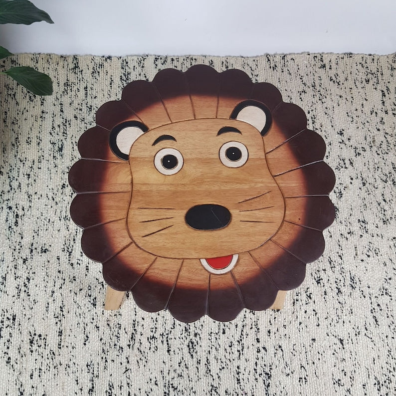 Garden Ornaments: Hand Carved Children's Table Wooden LION Theme