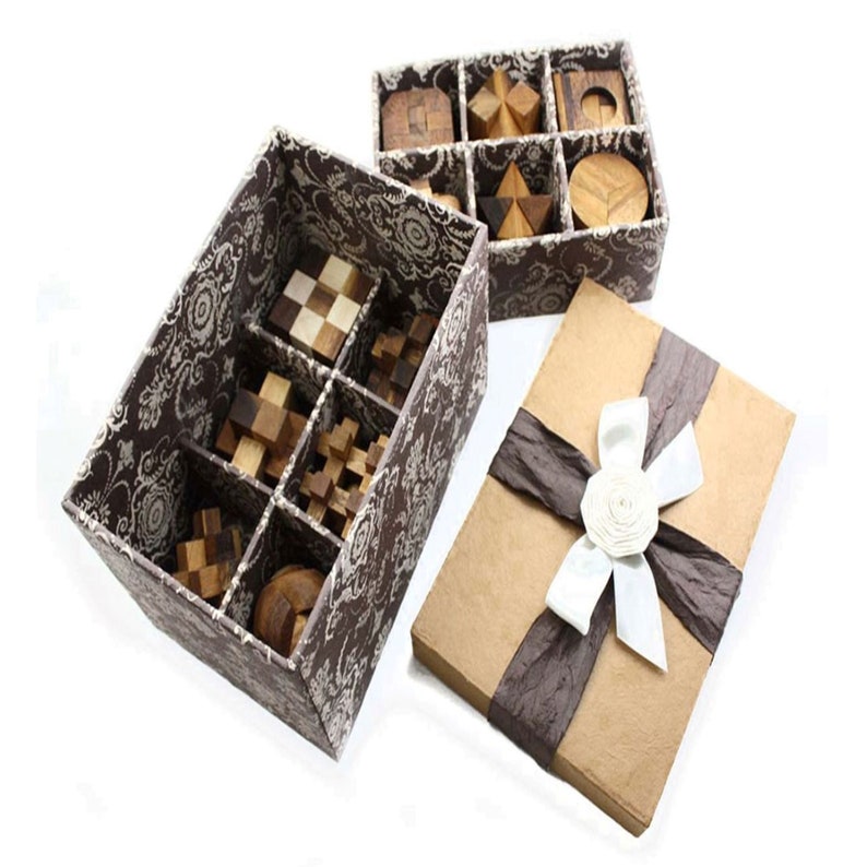 Board Games: 12 Puzzle Brain teaser interlocking wooden Puzzle set in a Deluxe Gift Box -for kids or adults