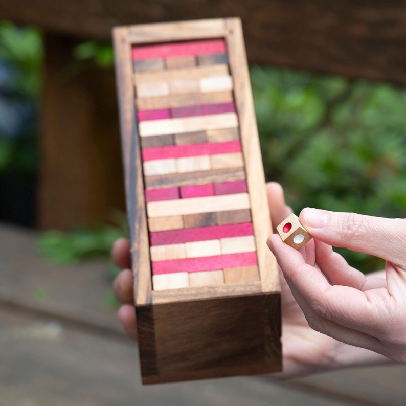 Board Games: Stacking tumbling blocks wood Red colours balance game with dice play options handmade stacking Fun Board Games Kids Ages 4 to Adults