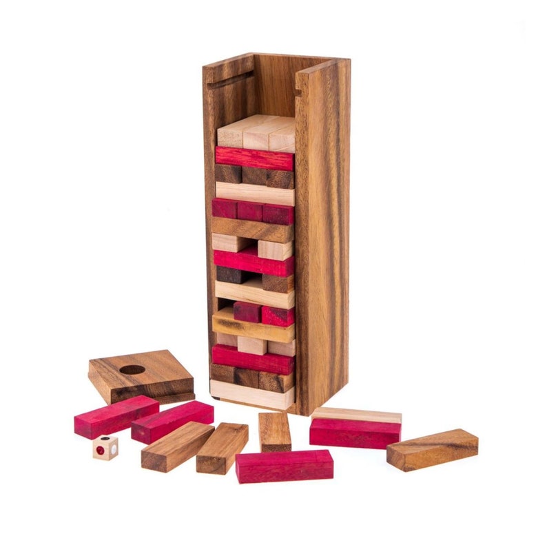 Board Games: Stacking tumbling blocks wood Red colours balance game with dice play options handmade stacking Fun Board Games Kids Ages 4 to Adults