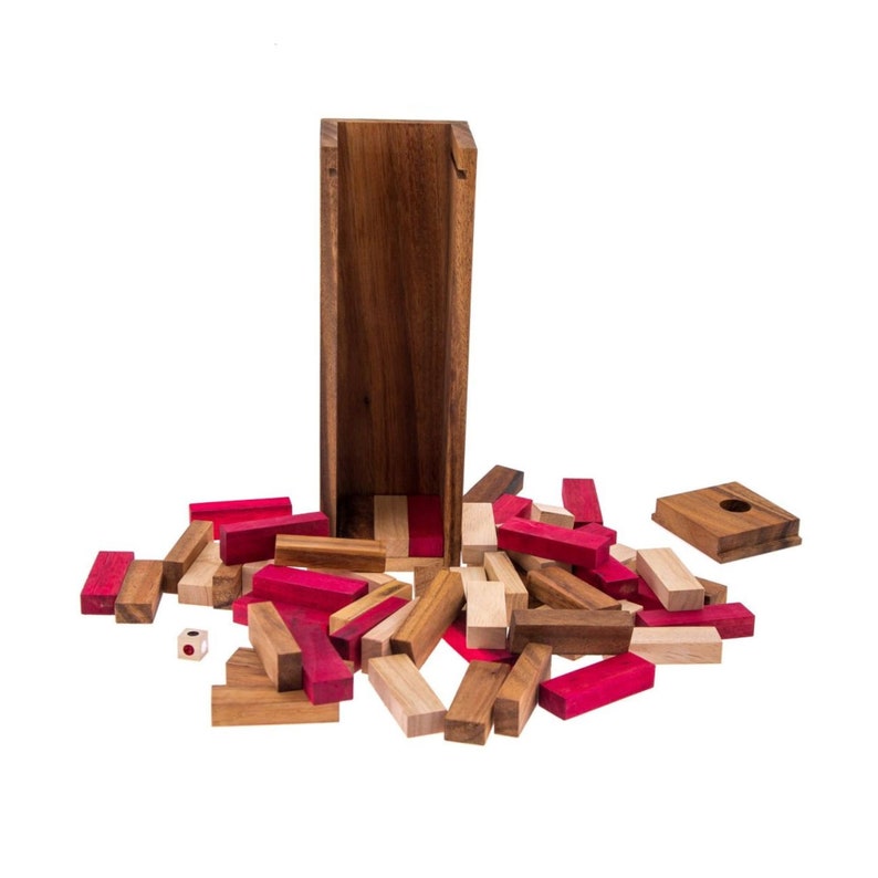 Board Games: Stacking tumbling blocks wood Red colours balance game with dice play options handmade stacking Fun Board Games Kids Ages 4 to Adults