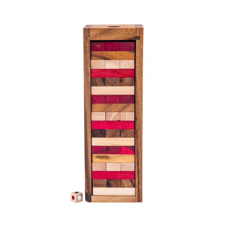 Board Games: Stacking tumbling blocks wood Red colours balance game with dice play options handmade stacking Fun Board Games Kids Ages 4 to Adults