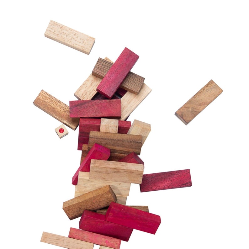 Board Games: Stacking tumbling blocks wood Red colours balance game with dice play options handmade stacking Fun Board Games Kids Ages 4 to Adults