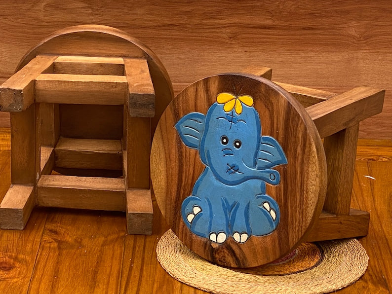 Table & Bar Stools: Children's Wooden Stool Blue Baby ELEPHANT Themed Chair Toddlers Step sitting Stool