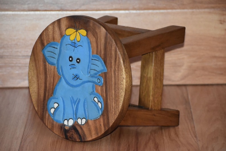 Table & Bar Stools: Children's Wooden Stool Blue Baby ELEPHANT Themed Chair Toddlers Step sitting Stool