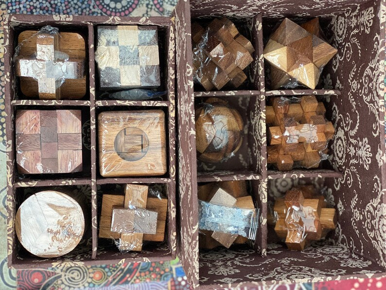 Board Games: 12 unique hand made wooden Puzzles in a Deluxe Gift Box Set-for kids or adults