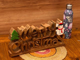 Christmas Decorations: Wooden carved Merry Christmas decoration 38 cm long with Tree and Star