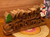 Christmas Decorations: Wooden carved Merry Christmas decoration 38 cm long with Tree and Star