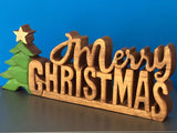 Christmas Decorations: Wooden carved Merry Christmas decoration 38 cm long with Tree and Star