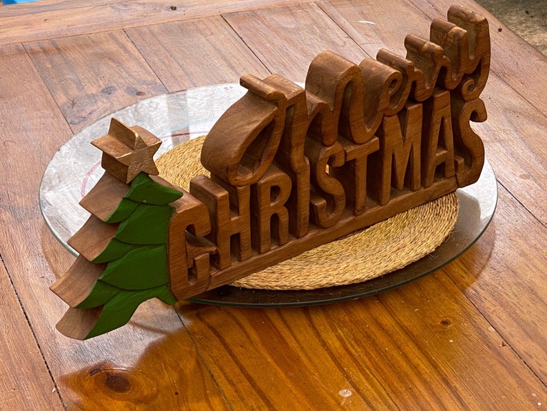 Christmas Decorations: Wooden carved Merry Christmas decoration 38 cm long with Tree and Star