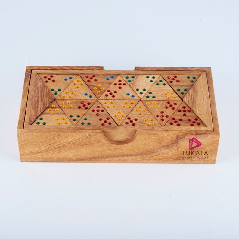 Board Games: Wooden Domino Game Set Triangle shaped Handmade Dominoes in Gift box