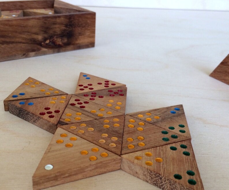 Board Games: Wooden Domino Game Set Triangle shaped Handmade Dominoes in Gift box