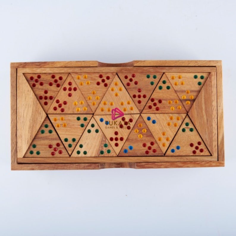 Board Games: Wooden Domino Game Set Triangle shaped Handmade Dominoes in Gift box