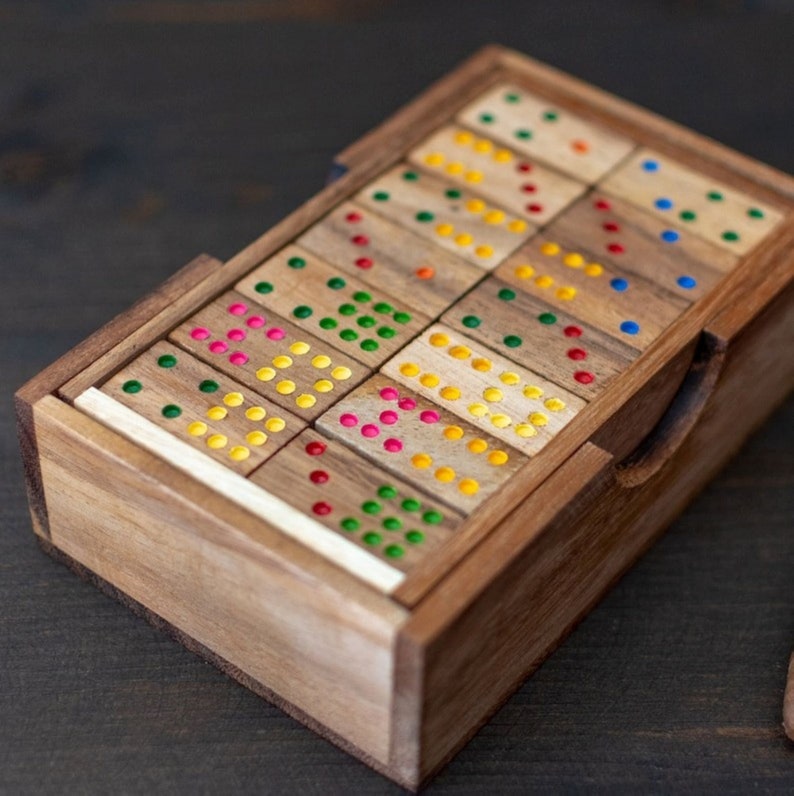 Board Games: Wooden Domino Game Set Handmade Dominoes in Gift box