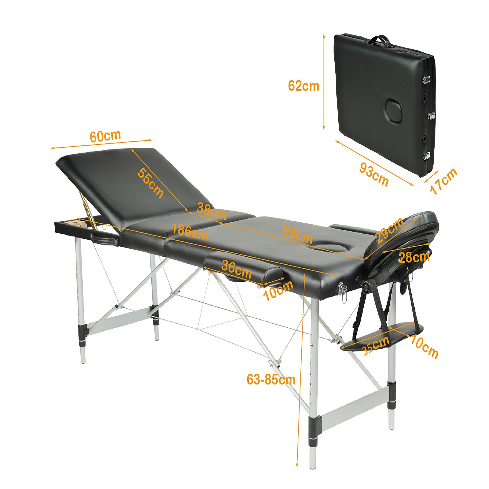 Massage Chairs: YES4HOMES Black 3 Fold Portable Aluminium Massage Table Massage Bed Beauty Therapy