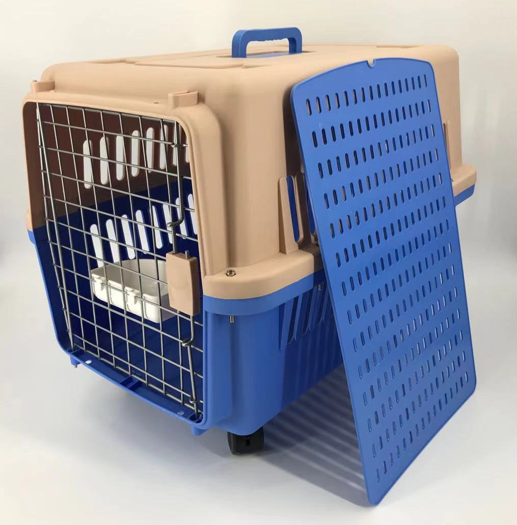 Dog Carriers & Crates: YES4PETS Blue Large Dog Puppy Cat Crate Pet Carrier Cage With Tray, Bowl & Wheel