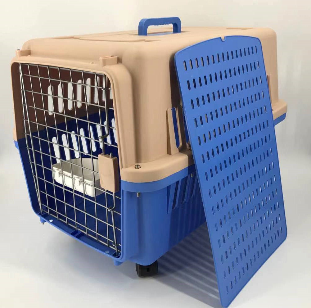 Dog Carriers & Crates: YES4PETS Blue Large Dog Puppy Cat Crate Pet Carrier Cage With Tray, Bowl & Wheel