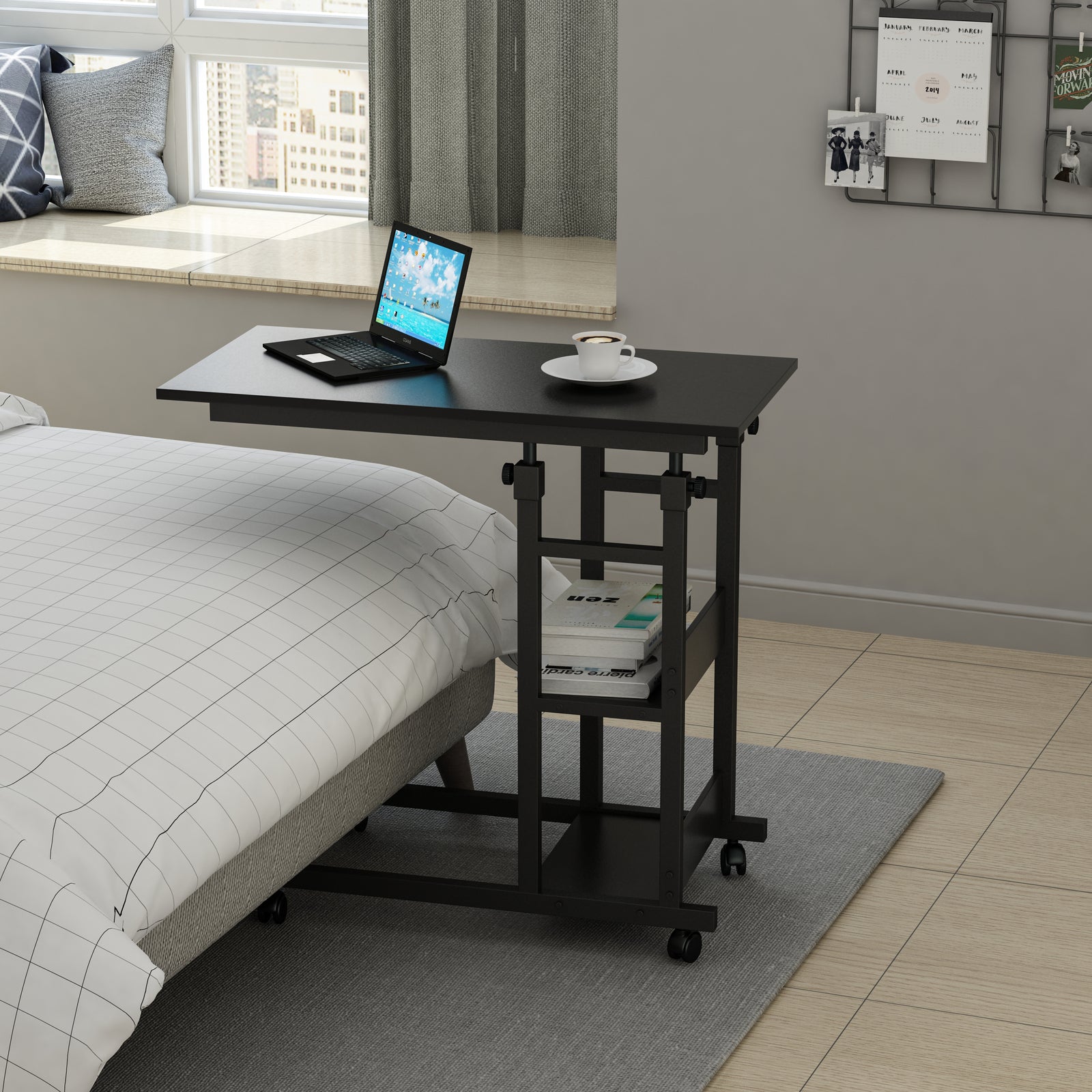 Small Animal Habitats & Cages: YES4HOMES Side Table with Storage Shelves, Height Adjustable Sofa Couch Coffee End Table Bedside Table Laptop Desk with Wheels