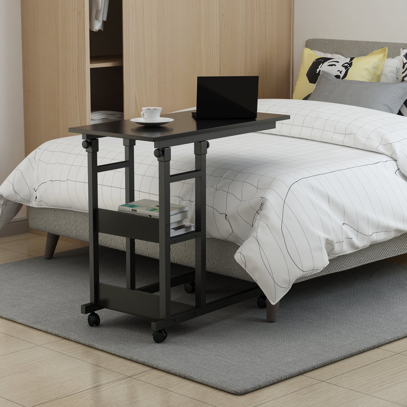 Small Animal Habitats & Cages: YES4HOMES Side Table with Storage Shelves, Height Adjustable Sofa Couch Coffee End Table Bedside Table Laptop Desk with Wheels