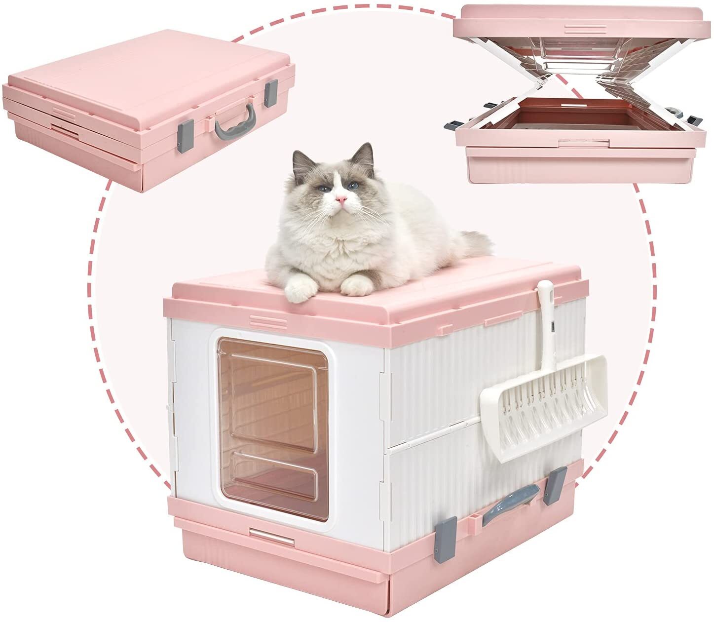Cat Litter: YES4PETS XL Portable Cat Toilet Litter Box Tray Foldable House with Handle and Scoop Pink