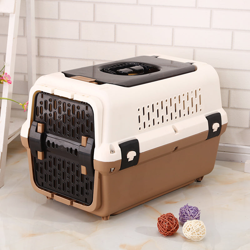 Dog Carriers & Crates: YES4PETS Medium Dog Cat Crate Pet Rabbit Carrier Travel Cage With Tray & Window Brown