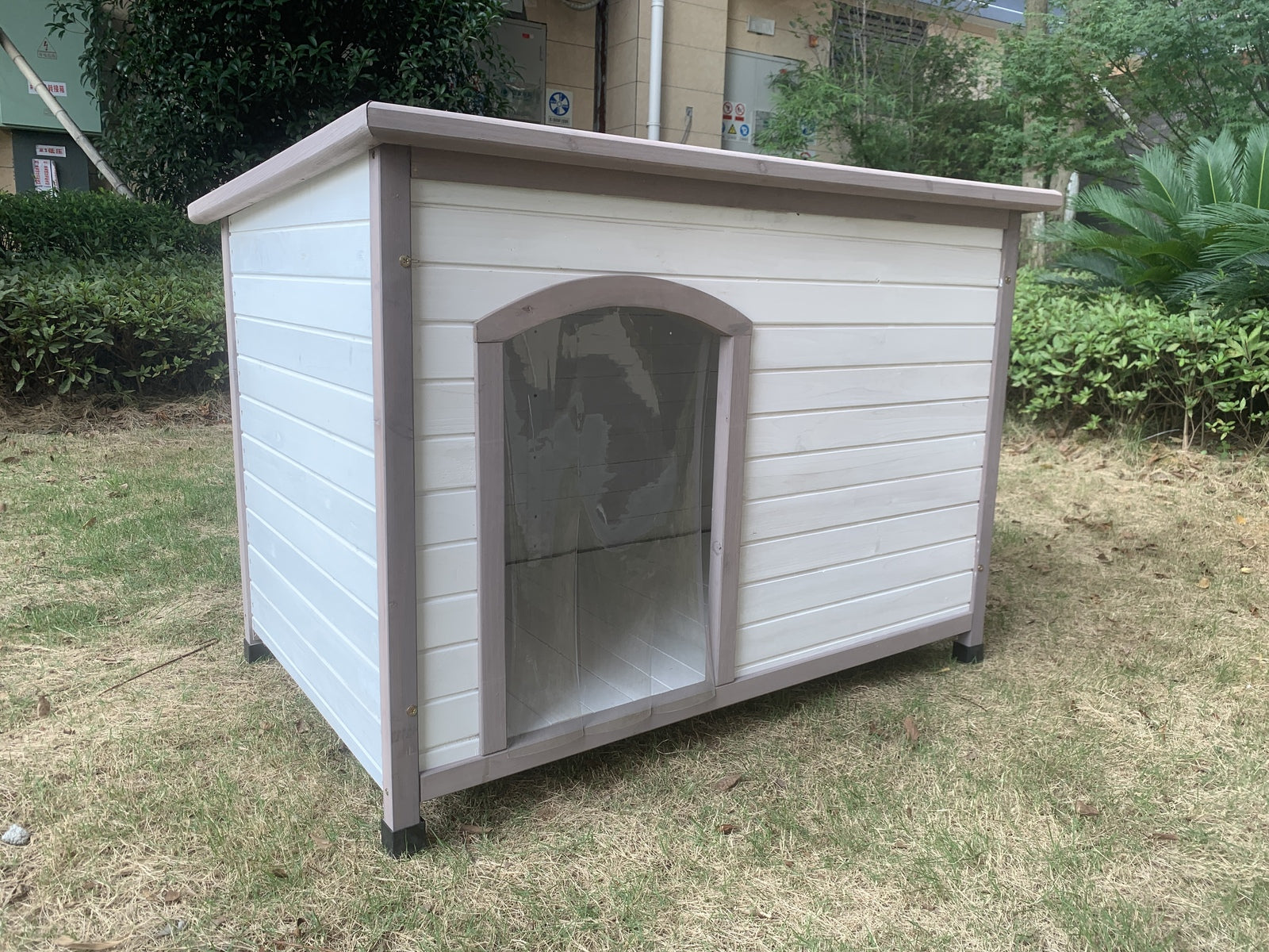 Dog Kennels: YES4PETS L Timber Pet Dog Kennel House Puppy Wooden Timber Cabin With Stripe White