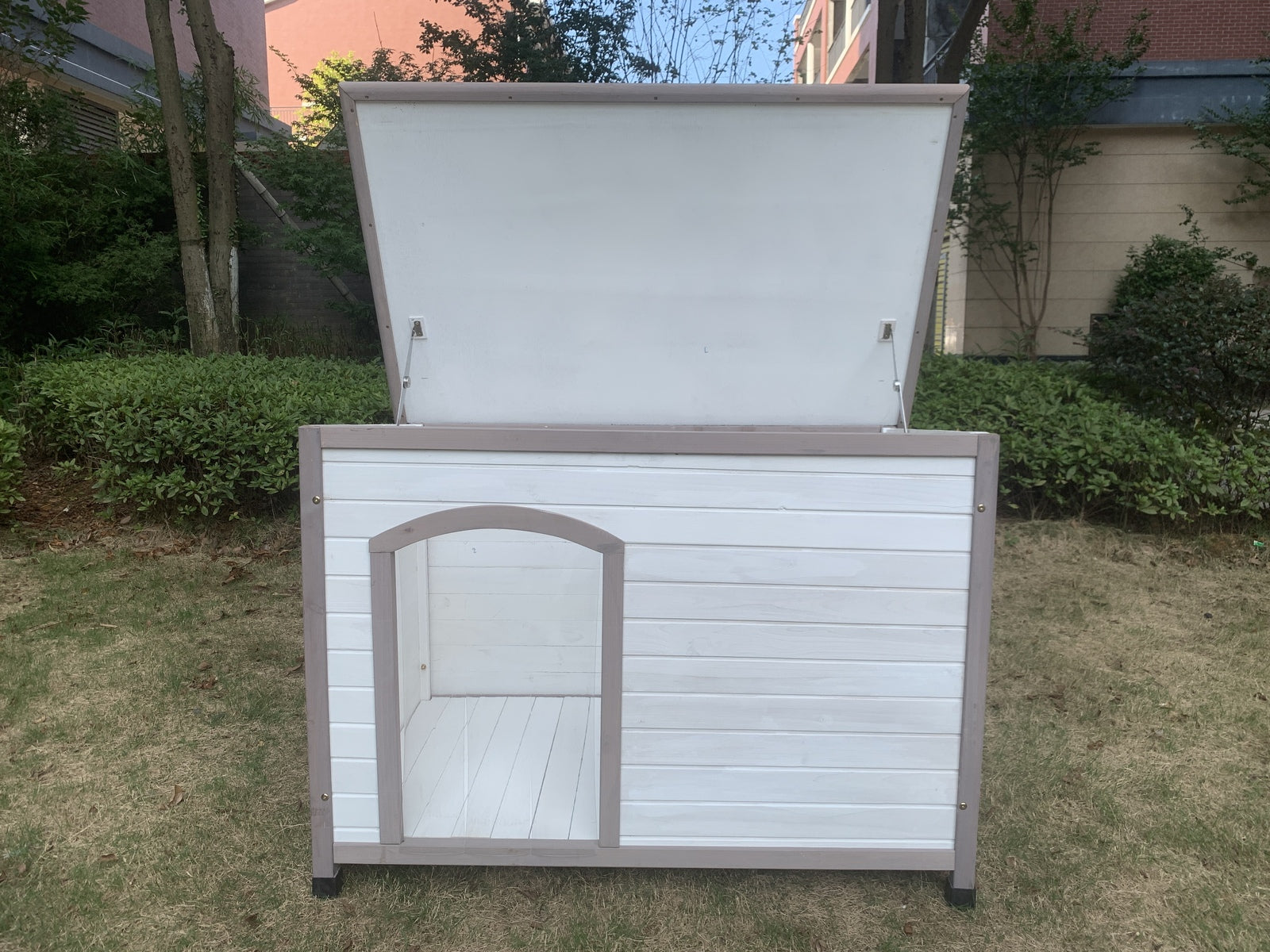 Dog Kennels: YES4PETS L Timber Pet Dog Kennel House Puppy Wooden Timber Cabin With Stripe White