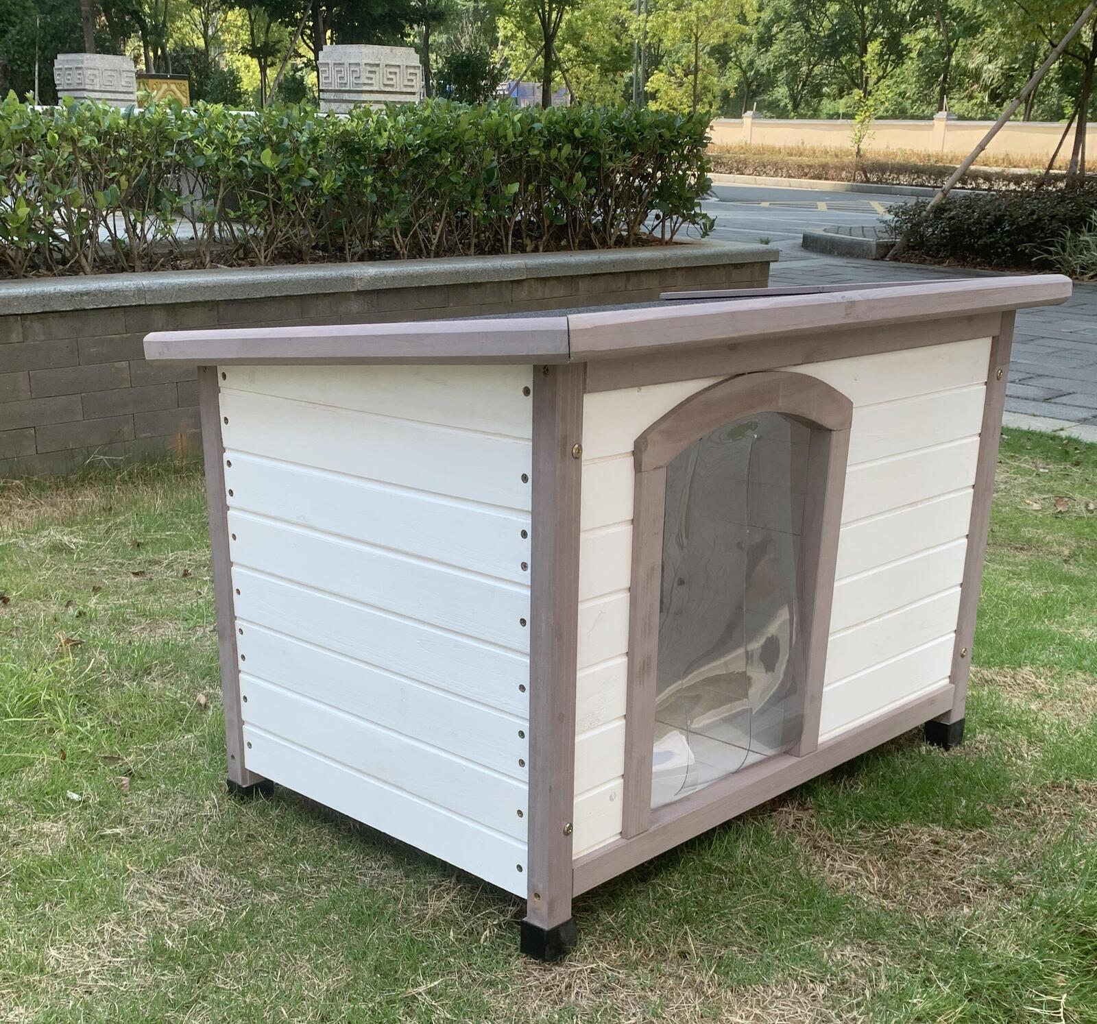 Dog Kennels: YES4PETS M Timber Pet Dog Kennel House Puppy Wooden Timber Cabin With Stripe White