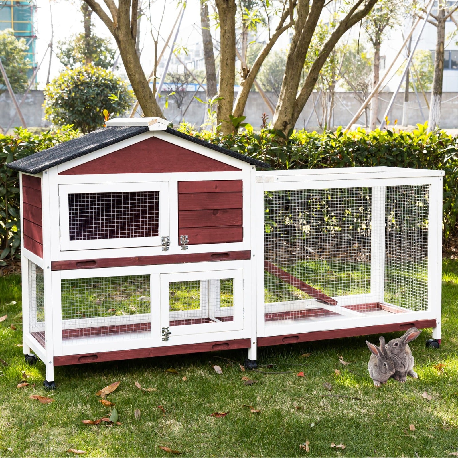 Small Animal Habitats & Cages: YES4PETS Double Storey Large Rabbit Hutch Guinea Pig Cage , Ferret Cage With Pull Out Tray On Wheels