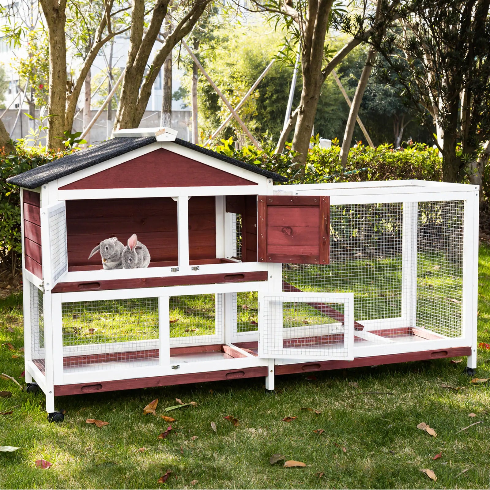 Small Animal Habitats & Cages: YES4PETS Double Storey Large Rabbit Hutch Guinea Pig Cage , Ferret Cage With Pull Out Tray On Wheels