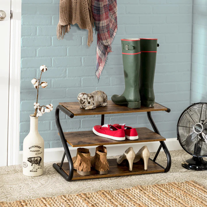 Shoe Storage: Matte Black Frame Rustic Wood 3-Tier Medium Shoe Rack Shelf Stand Storage Organizer