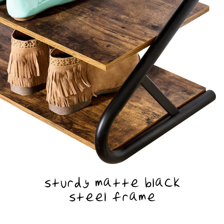 Shoe Storage: Matte Black Frame Rustic Wood 3-Tier Medium Shoe Rack Shelf Stand Storage Organizer