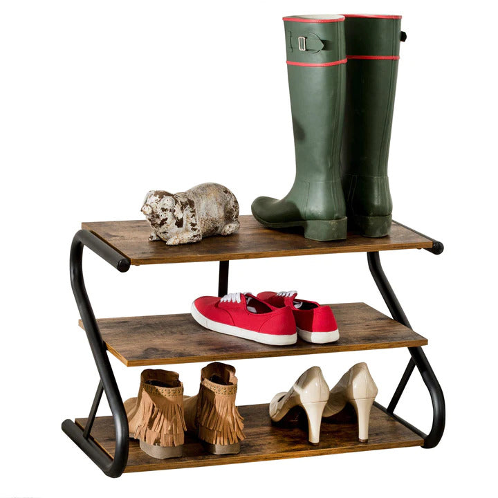 Shoe Storage: Matte Black Frame Rustic Wood 3-Tier Medium Shoe Rack Shelf Stand Storage Organizer