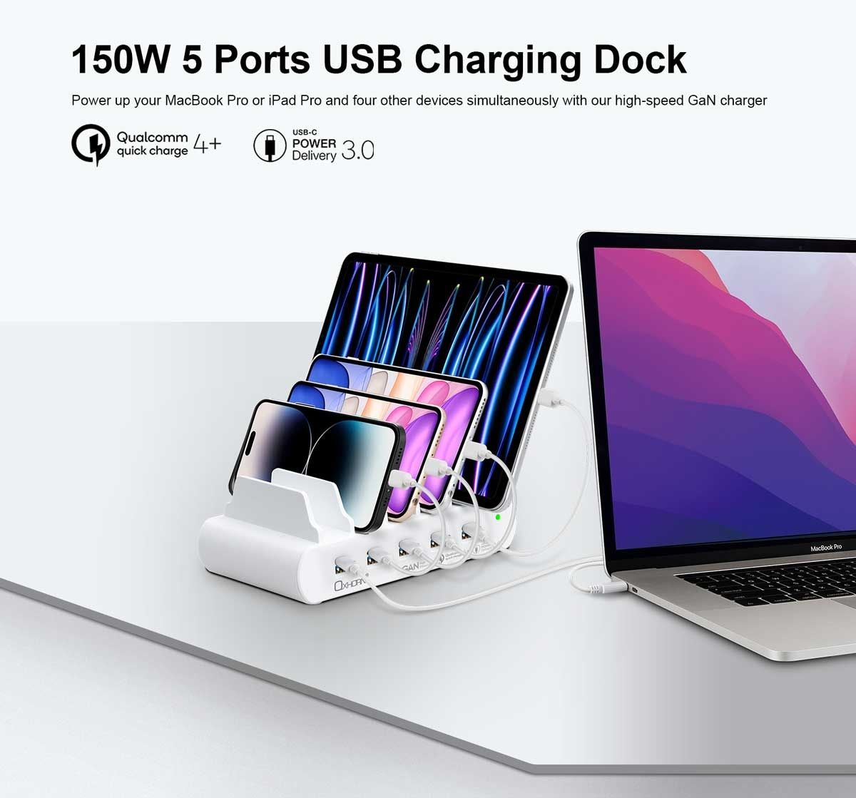 OXHORN NB-PD150D PD 150W 5-Port (5A+5C) Charging Dock with build-in rack