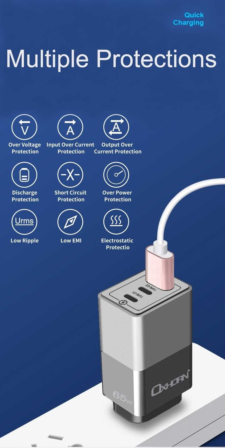 OXHORN NB-PD65CCAB PD GaN Charger 65W 3 Ports Black
