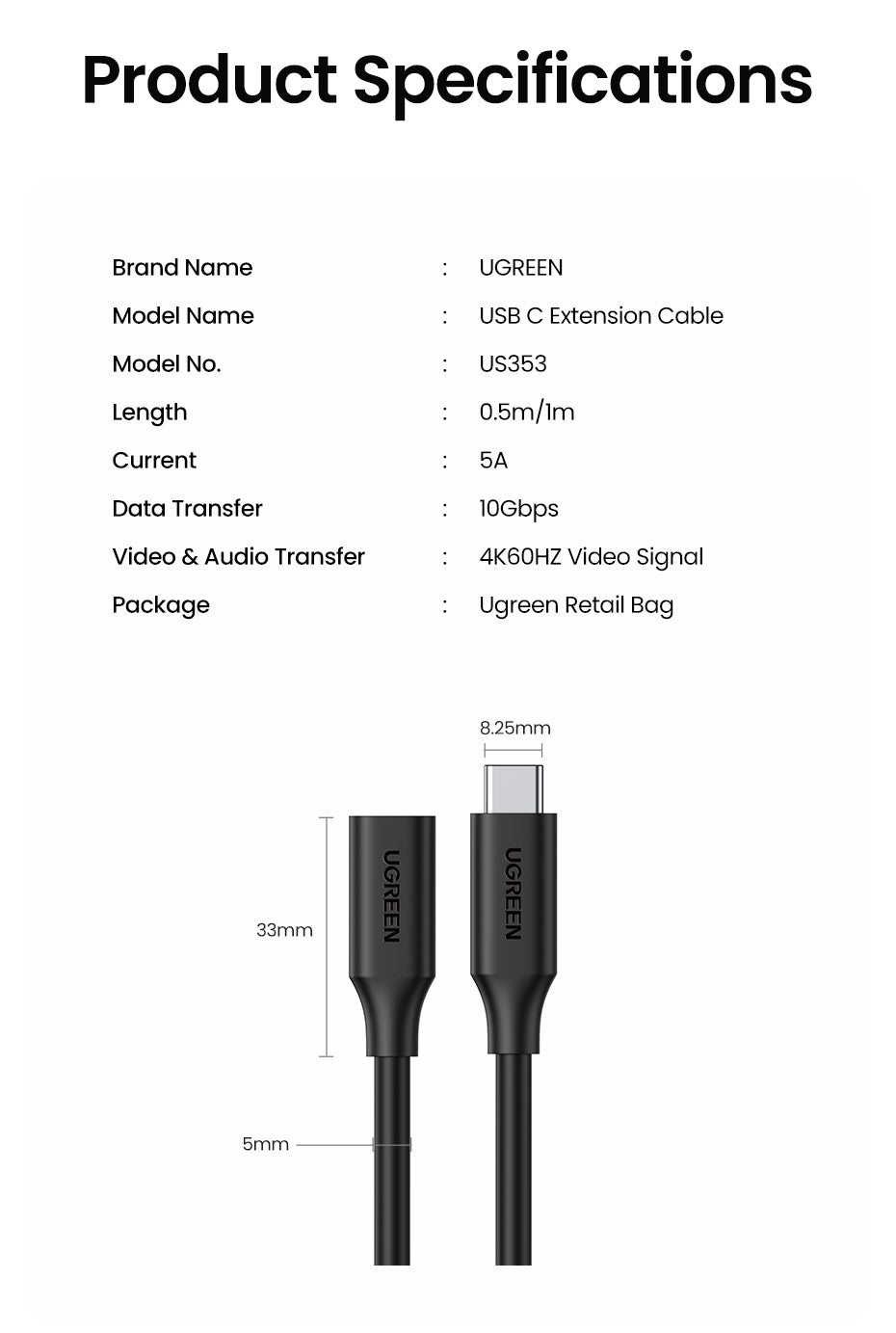 Computer Cables & Adapters: UGREEN 10387 USB-C Extension Cable 1M