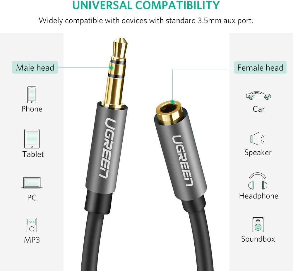 Computer Cables & Adapters: UGREEN 3.5mm Male to 3.5mm Female Extension Cable 5m (Black) 10538