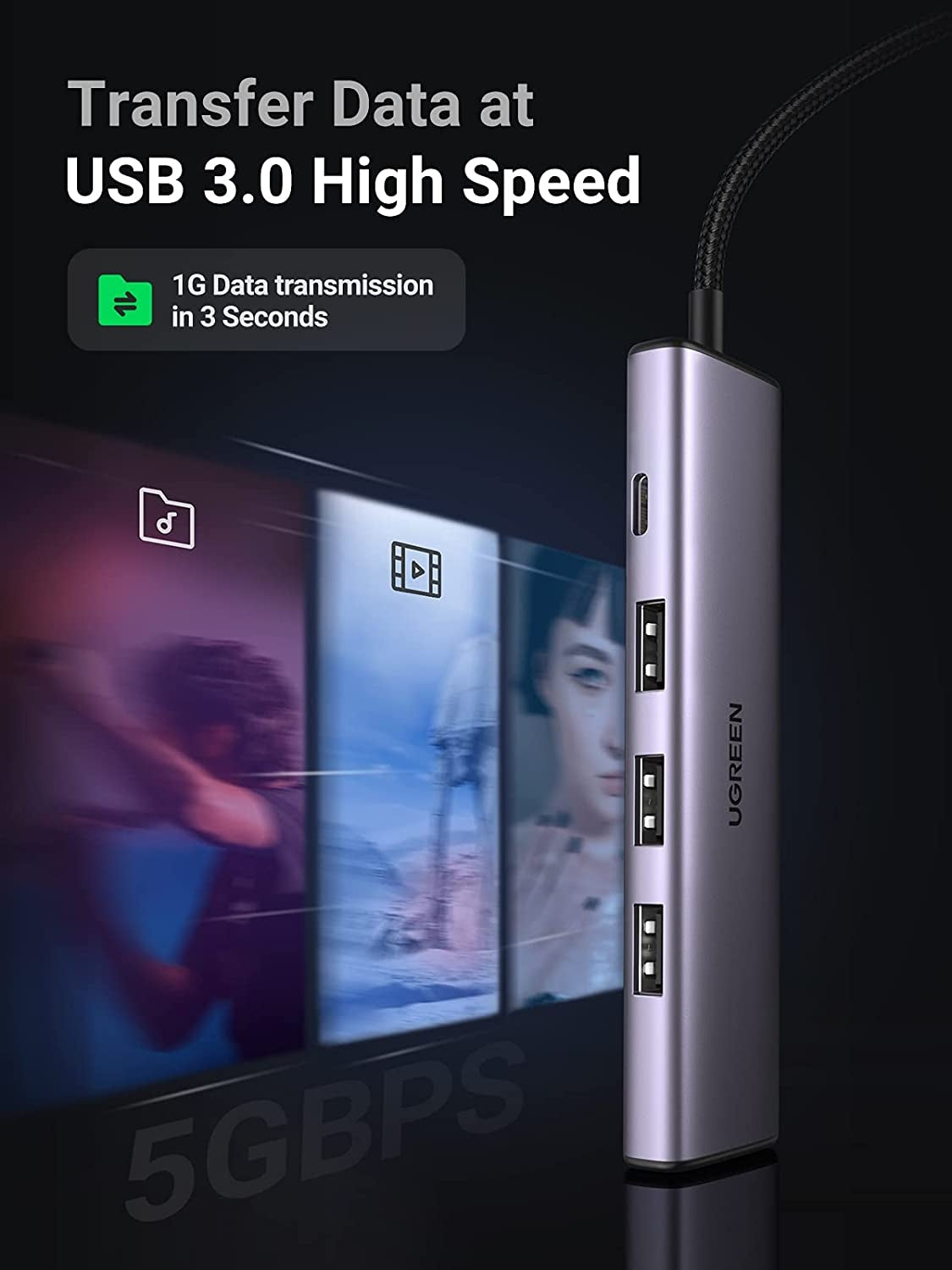 Hard Drives: UGREEN 20805 USB 3.0 4-Port Hub with USB-C Power Port