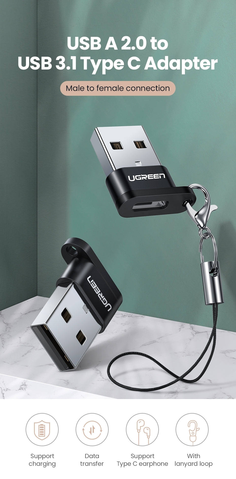 Computer Cables & Adapters: UGREEN 50568 USB-C 3.1 Female to USB-A 2.0 Male Adapter