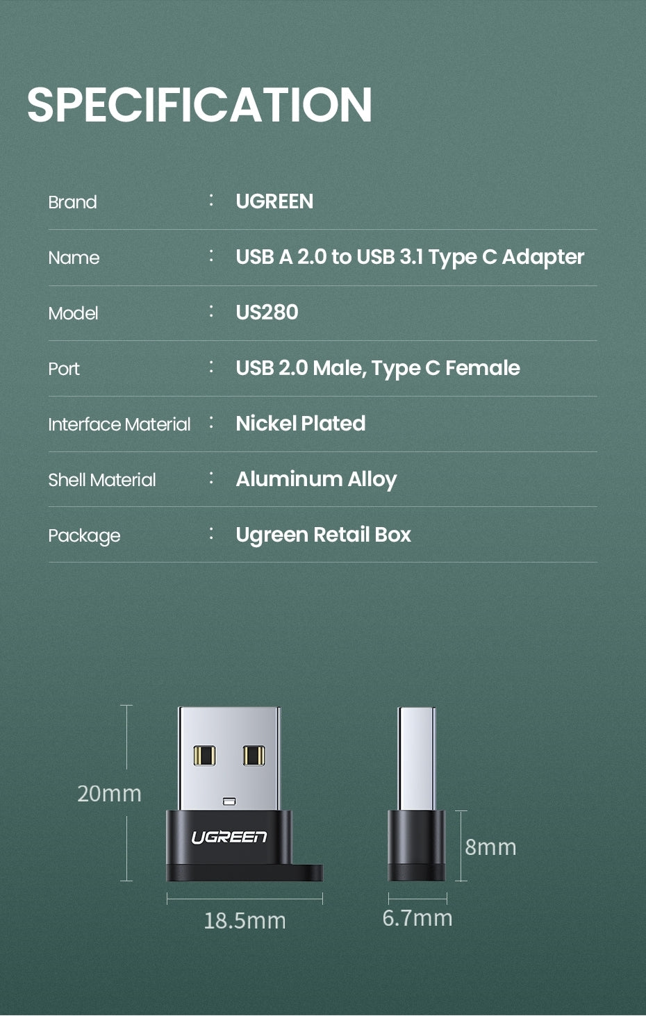 Computer Cables & Adapters: UGREEN 50568 USB-C 3.1 Female to USB-A 2.0 Male Adapter