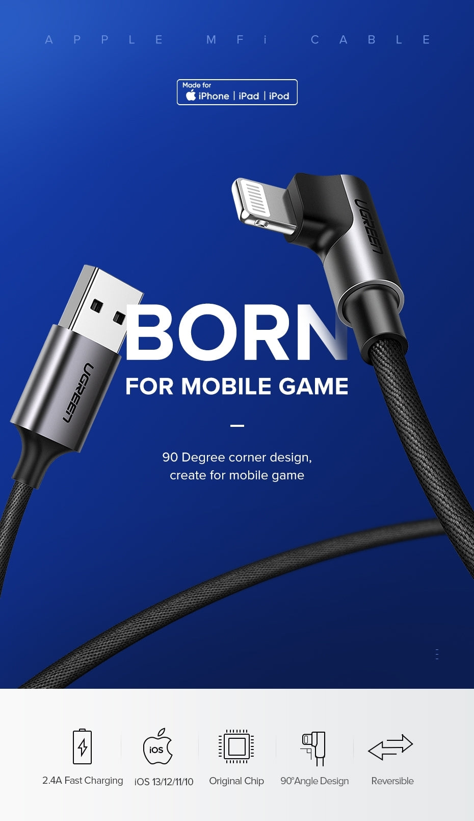 Computer Cables & Adapters: UGREEN 60521 USB-A to 8-pin 90 Degree Angel Cable 1M