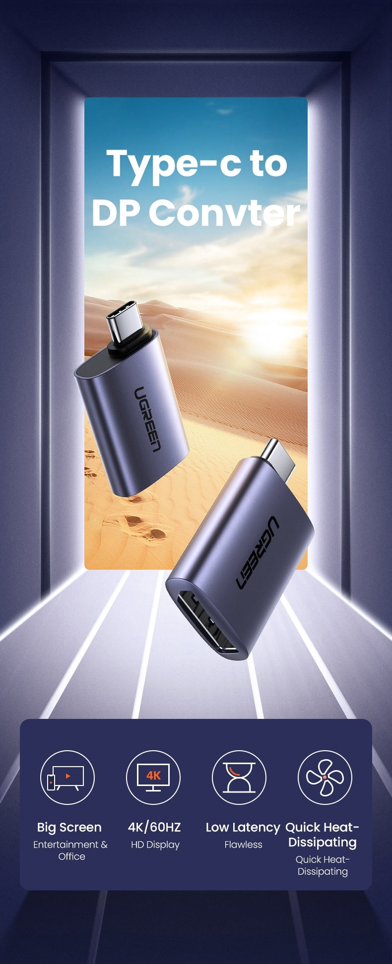 Computer Cables & Adapters: UGREEN 70451 USB-C Male to DP Female Adapter Aluminium Case 4K/2K 60Hz (Dark Gray)