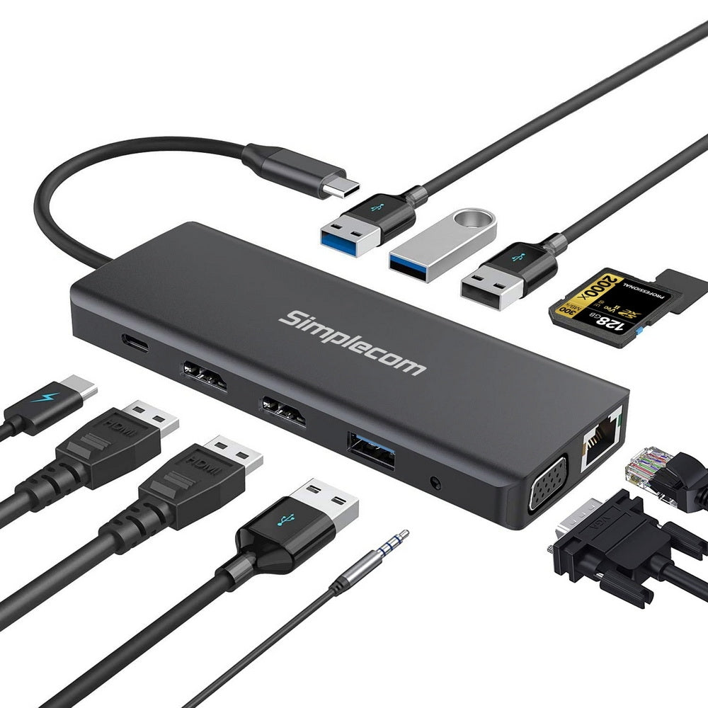 Computer Monitors & Accessories: Simplecom CHN612 USB-C 12-in-1 Multiport Docking Station Dual HDMI + VGA Triple Display Gigabit LAN