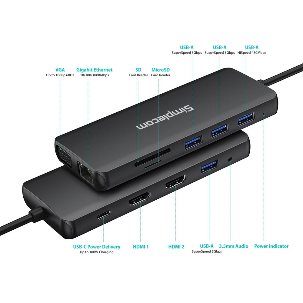 Computer Monitors & Accessories: Simplecom CHN612 USB-C 12-in-1 Multiport Docking Station Dual HDMI + VGA Triple Display Gigabit LAN