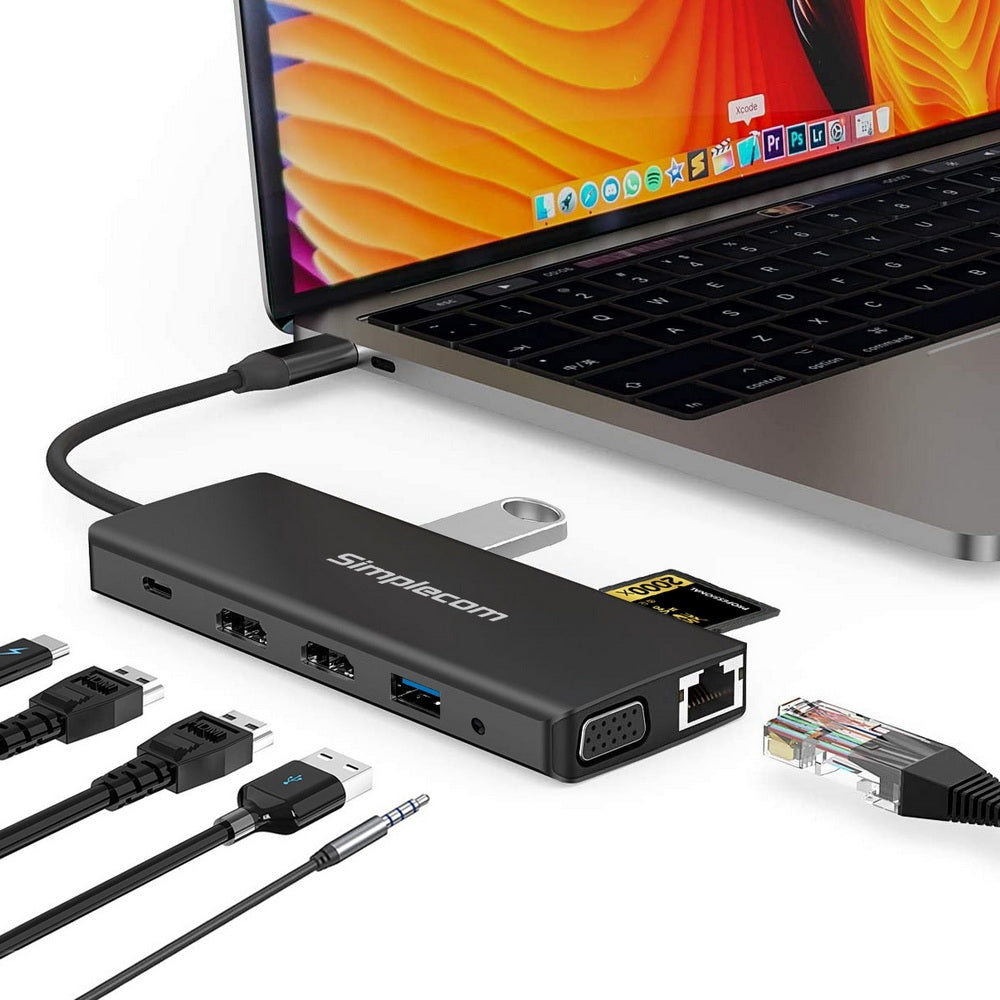 Computer Monitors & Accessories: Simplecom CHN612 USB-C 12-in-1 Multiport Docking Station Dual HDMI + VGA Triple Display Gigabit LAN